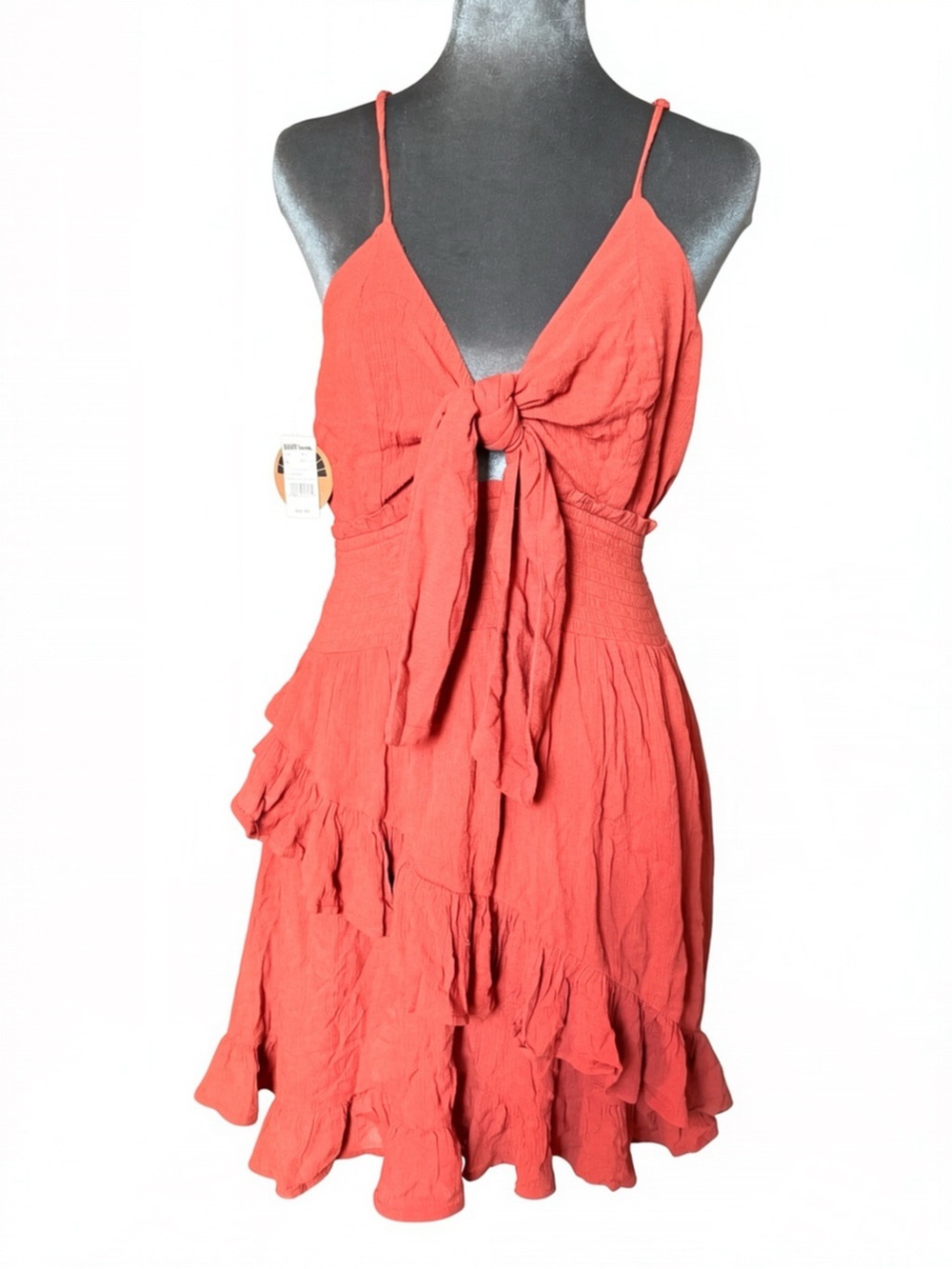 NWT BILA 77 Terracotta Tie Front Smocked Ruffle Mini Dress Size L